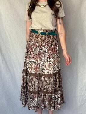 Y2K Brown & Orange Silk Layered Chicos Maxi Skirt